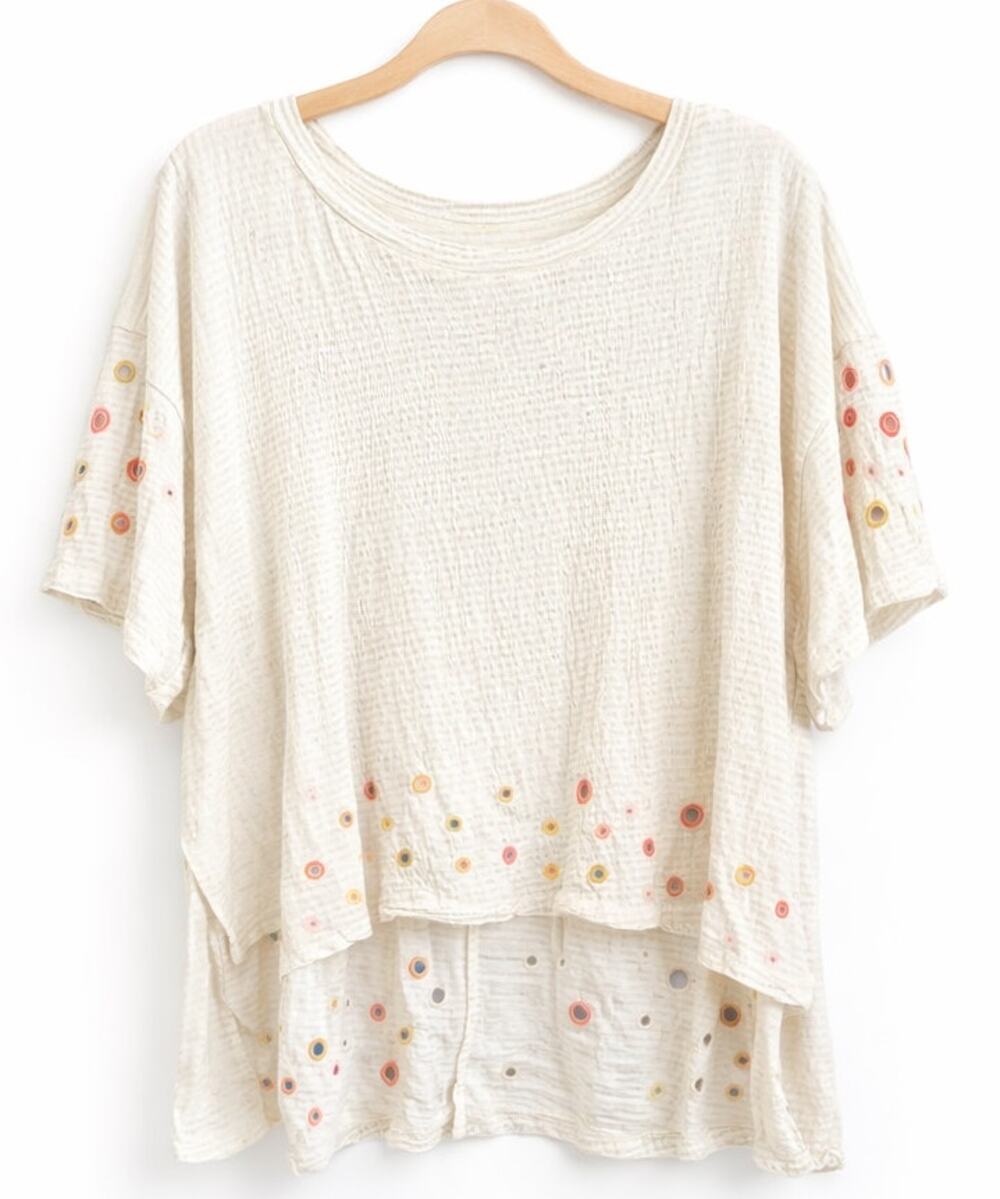 Anthropologie Postmark Textured Eyelet Tiered Boxy Top linen blend Cream Medium